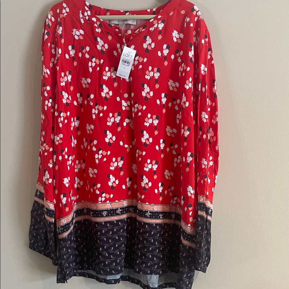 LOFT Red and Black Floral Blouse NWT